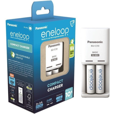 Panasonic K-KJ50MCD20E Compact Charger+ Eneloop NI-MH AA 2000 mAh Battery, 2 pcs.