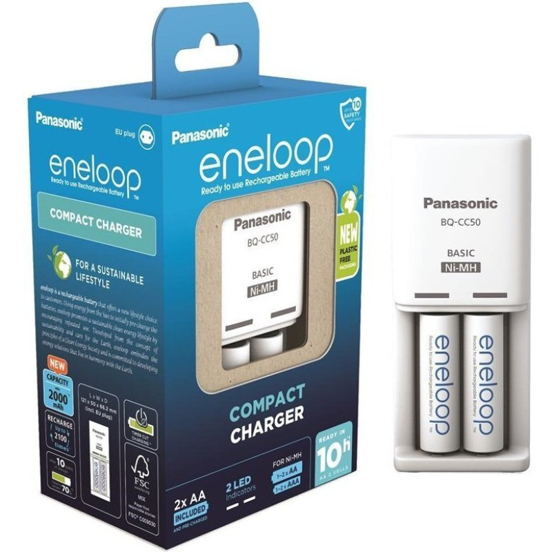 Зарядное устройство Panasonic K-KJ50MCD20E Compact Charger+ Аккумулятор Eneloop NI-MH AA 2000 мАч, 2 шт.