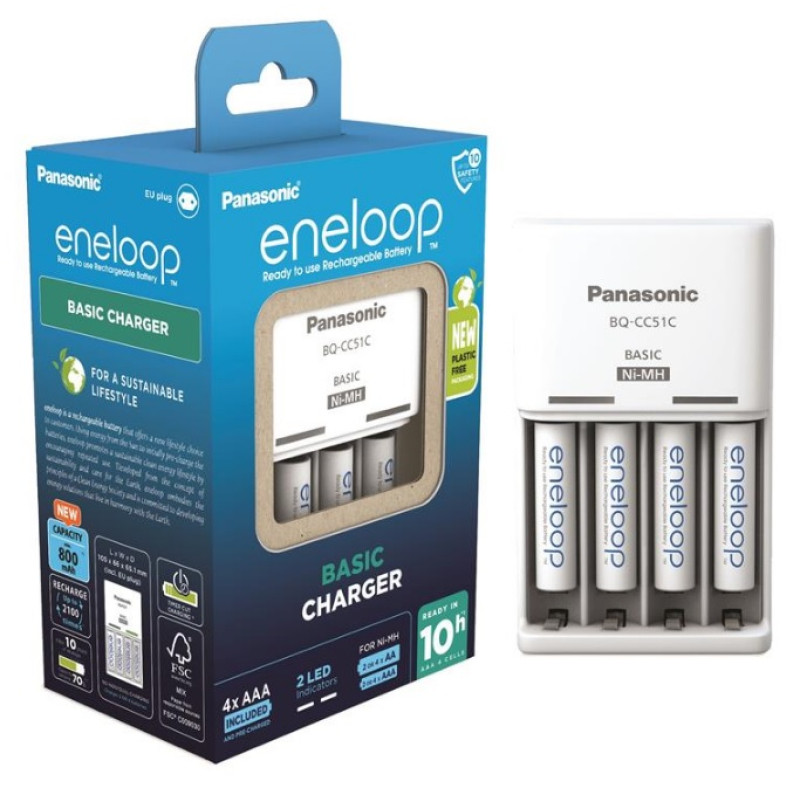 Зарядное устройство Panasonic K-KJ51MCD04E Basic Charger + Аккумулятор Eneloop NI-MH AAA 800 мАч, 4 шт.