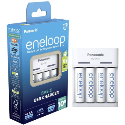 Panasonic K-KJ61MCD40USB Basic Charger USB+ Eneloop NI-MH AA 2000 mAh Battery, 4 pcs.