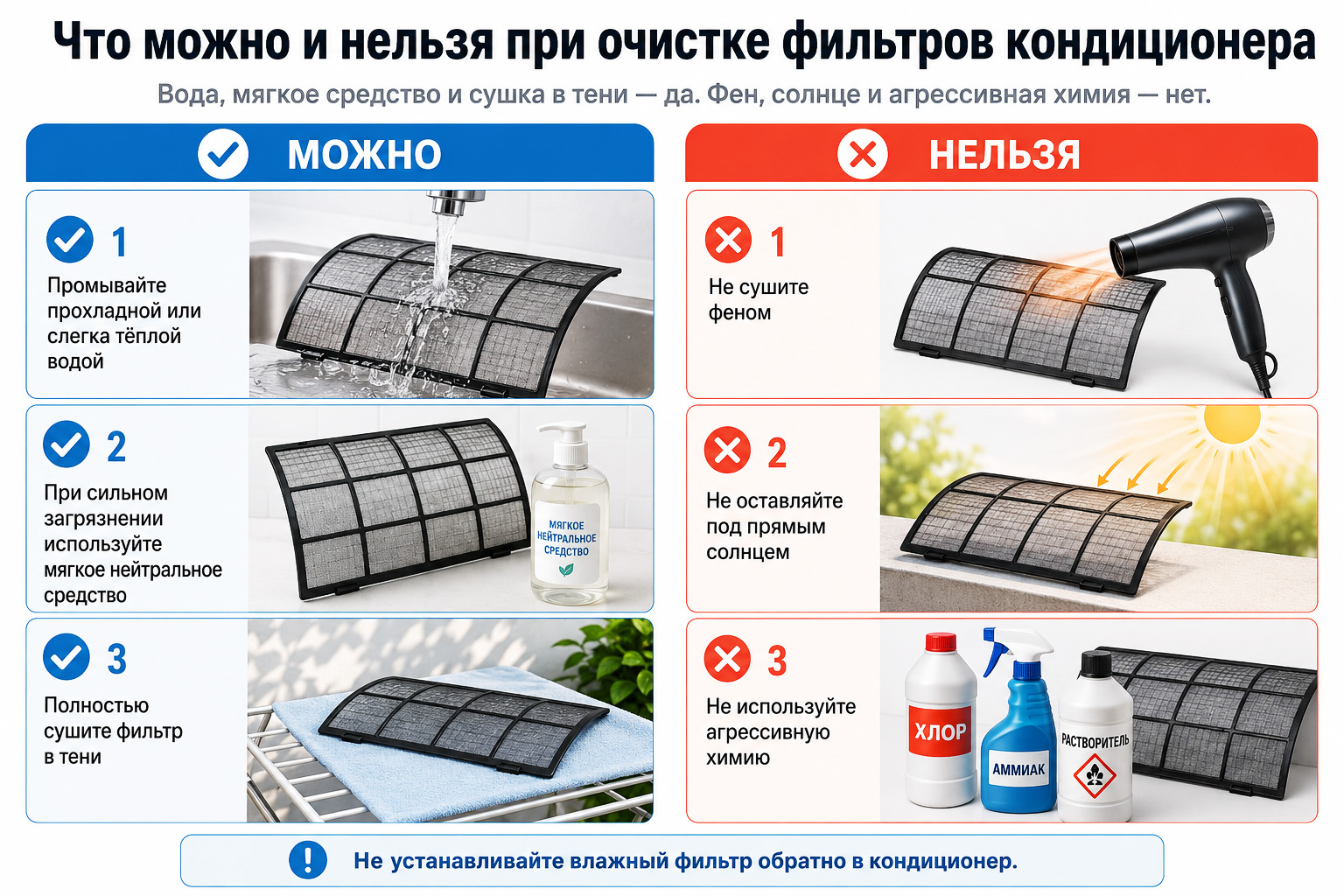 Что можно и нельзя делать при очистке фильтров кондиционера