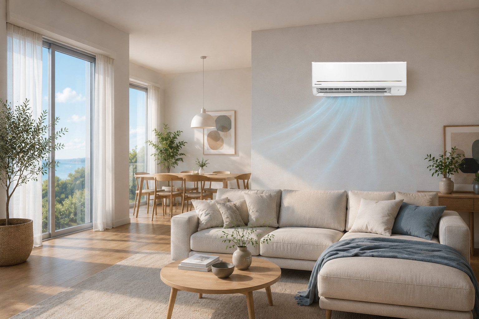 Кондиционер Panasonic в современной светлой гостиной